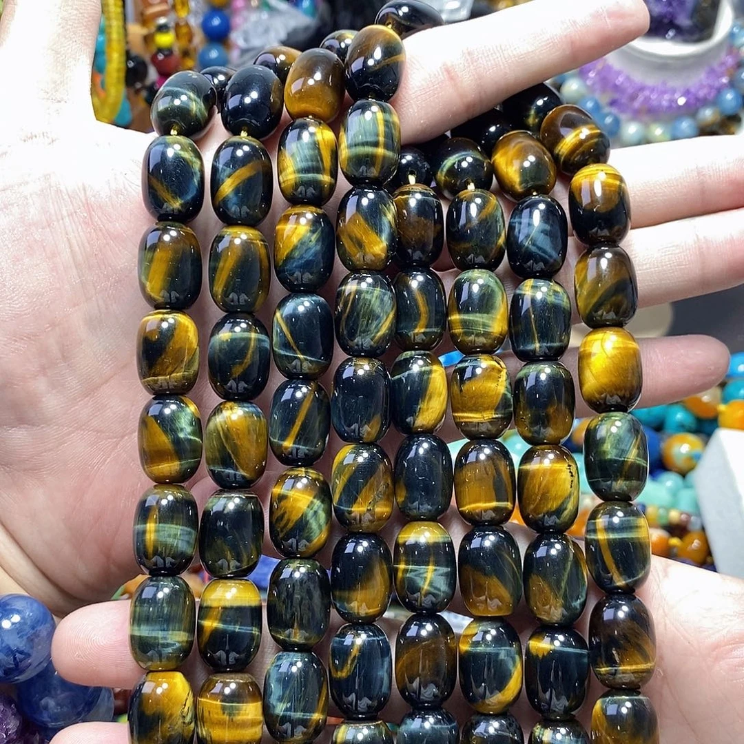 石英质玉未镶嵌，天然黄蓝虎眼桶珠13×18mm，