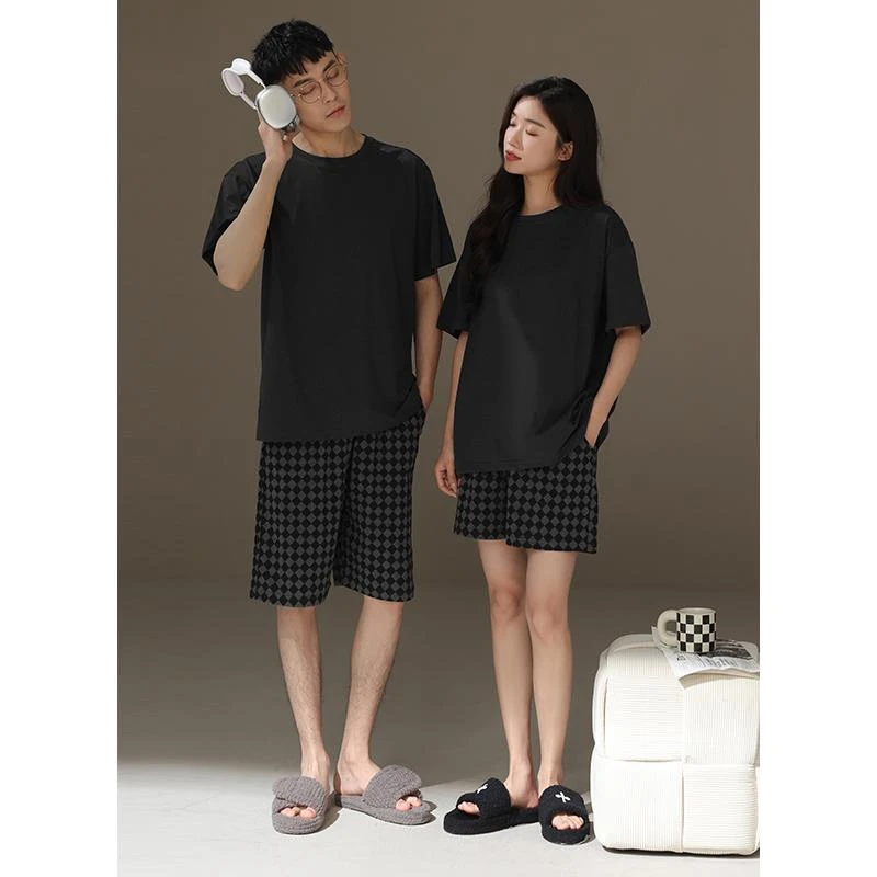 情侣睡衣夏季短袖短裤圆领套头纯色休闲家居服一男一女套装夏天