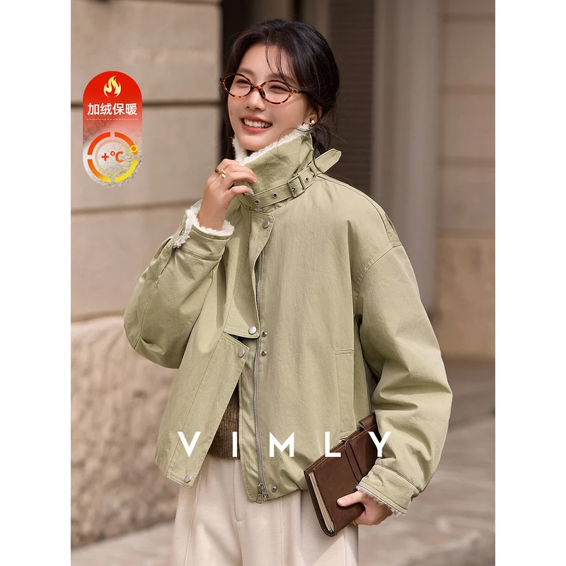 M梵希蔓卡其色立领毛毛外套女冬百搭加绒加厚保暖翻领夹克30637