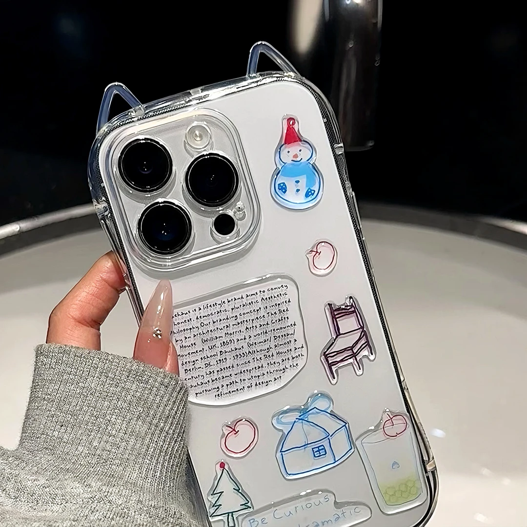 雅天立雪人贴纸猫耳朵适用iPhone16苹果15promax/13/14手机壳11女