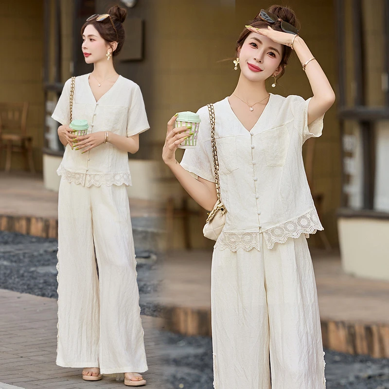小香风蕾丝拼接阔腿裤套装女2025年夏季新款洋气减龄短袖时尚套装