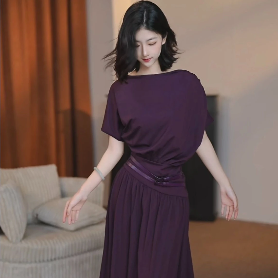 【茉雨】金波画卷 春夏法式短袖纯色时尚修身显瘦连衣裙-HZ627