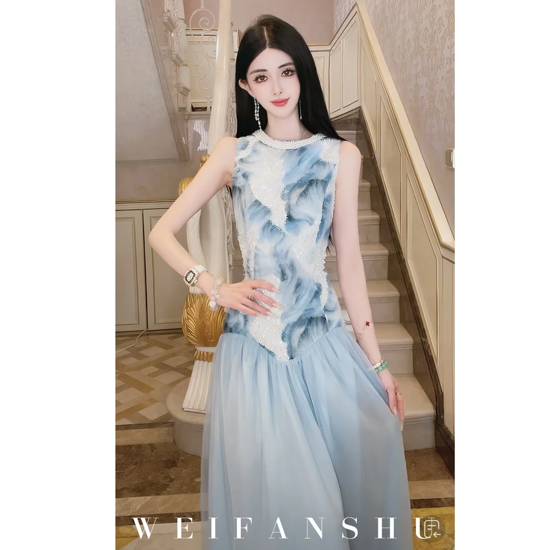 WEIFANSHU/魏凡舒【山海水墨】夏季新款设计感复古优雅水墨连衣裙