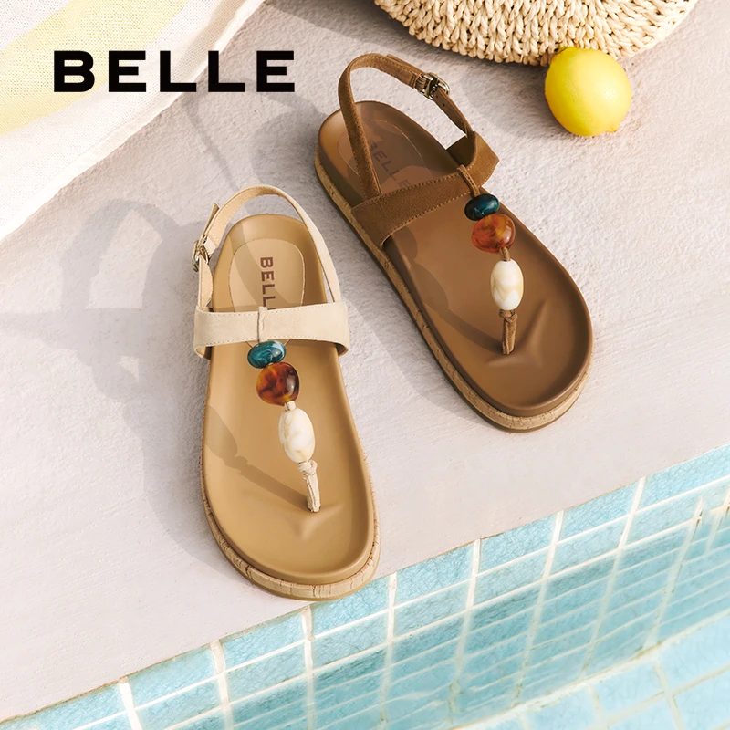 【幸运石】百丽时尚串珠一字带凉鞋女25真皮度假风夹脚拖鞋B2667BL5