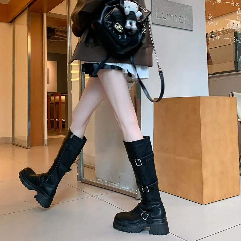 6.5cm小个子长靴女高跟松糕底圆头骑士靴高筒秋冬百搭显瘦时尚