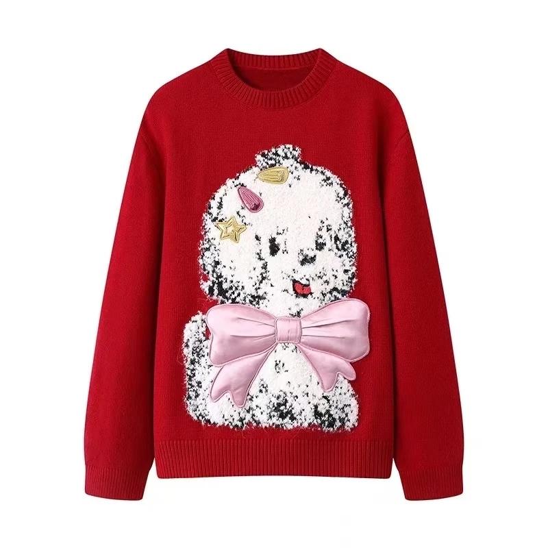 【西施旺】毛衣套头红色圆领针织时尚宽松加厚卡通秋冬毛衫.A009