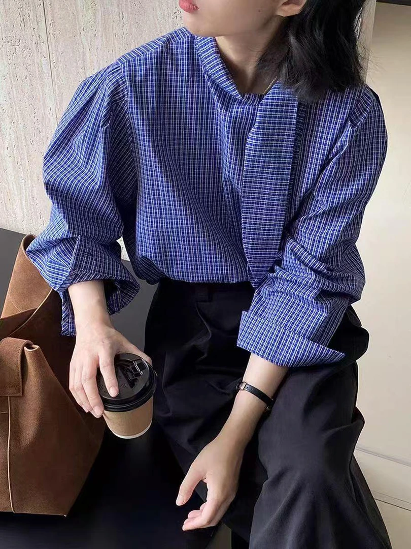 【柚子同款】新款别致甜美风小众领结系带宽松格子显瘦长袖8018