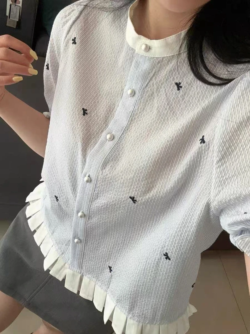 夏季宽松型其他other泡泡袖衬衫圆领小香风上衣小众201