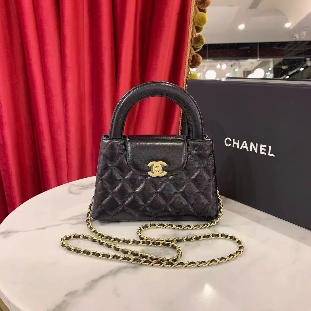 99新 Chanel/香奈儿 25c Kelly大号黑色金扣牛皮芯片款/47823238