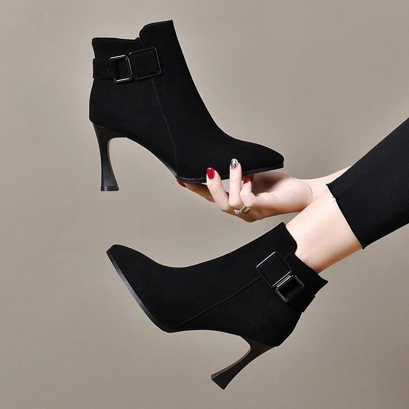 卓诗尼【秋季上新】2025新款秋冬季磨砂高跟鞋短靴细跟真皮加绒女鞋