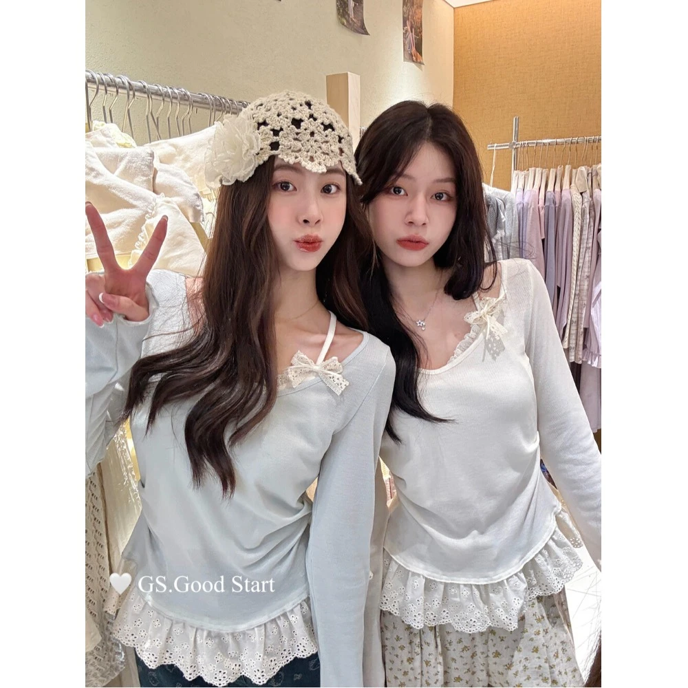 【清清】大码休闲甜美蕾丝长袖T恤2025遮肉显瘦假两件上衣-25016