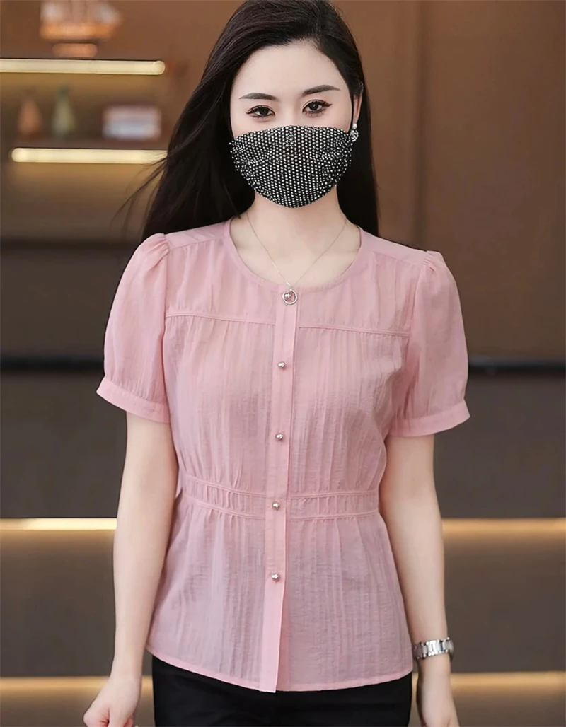 夏季新款圆领百搭妈妈装短袖衬衣女纯色防晒薄外套