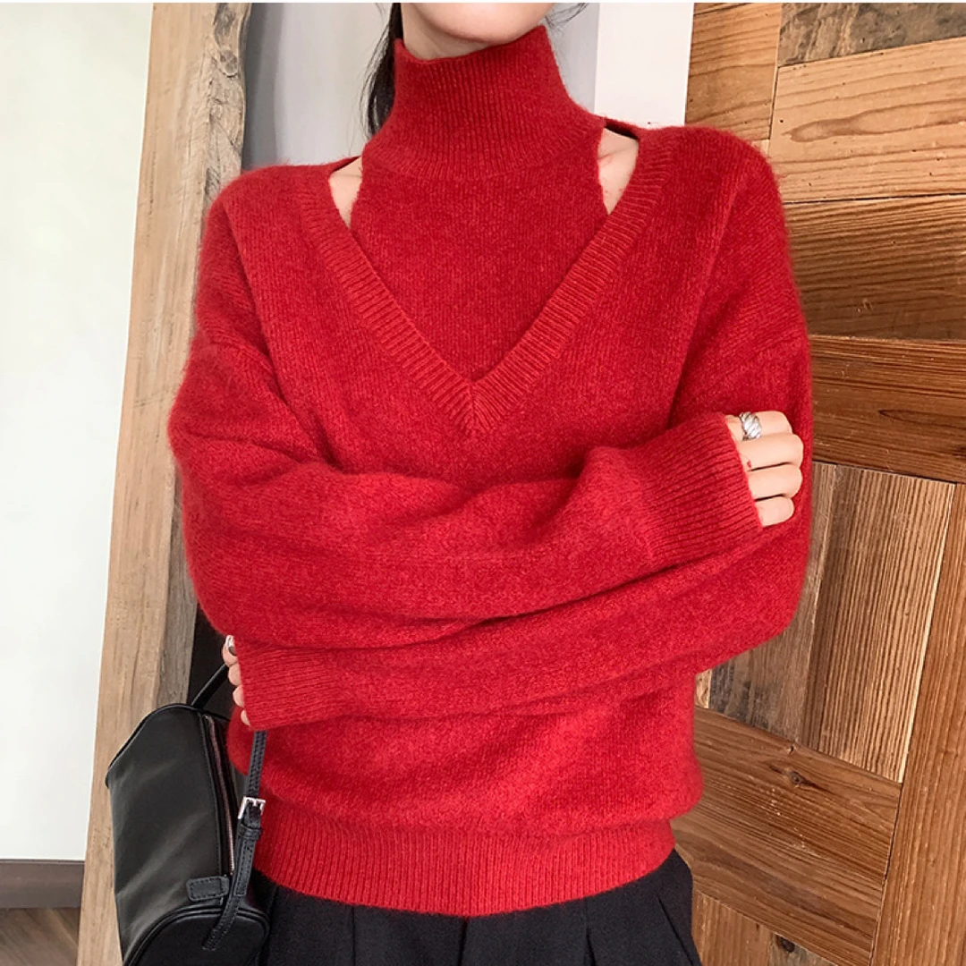 新款年货氛围感假两件高领时尚软糯兔毛长袖保暖毛衣