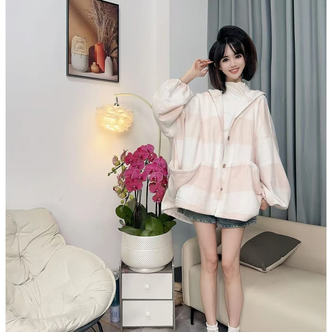 【沐木流浪记】（落于九天）百搭粉白格子连帽四兜女装风衣外套z