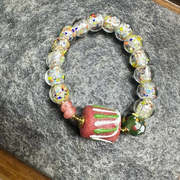 手链 LZ7390-3粉色白绿条纹彩色点彩银箔琉璃手链
