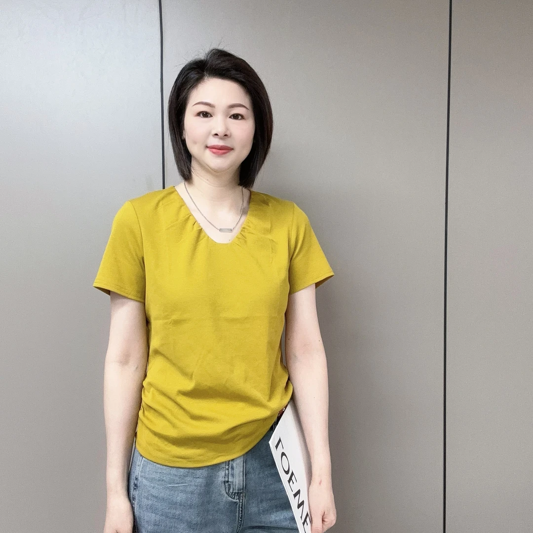 【魅力风】夏季V领下摆褶皱收腰显瘦百搭短袖T恤5802款