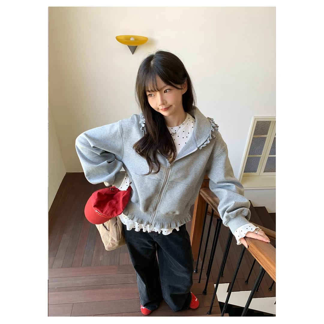 慵懒粉色拉链连帽卫衣外套女宽松木耳边长袖帽衫上衣潮休闲时尚