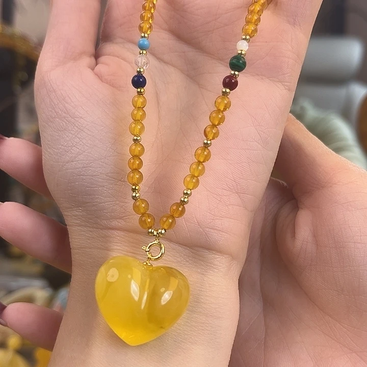 裸石琥珀未镶嵌焦皮爱心+金珀万能链