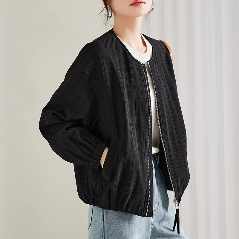 索菲丝尔2025秋装上新时尚宽松拉链长袖短外套上衣女535032
