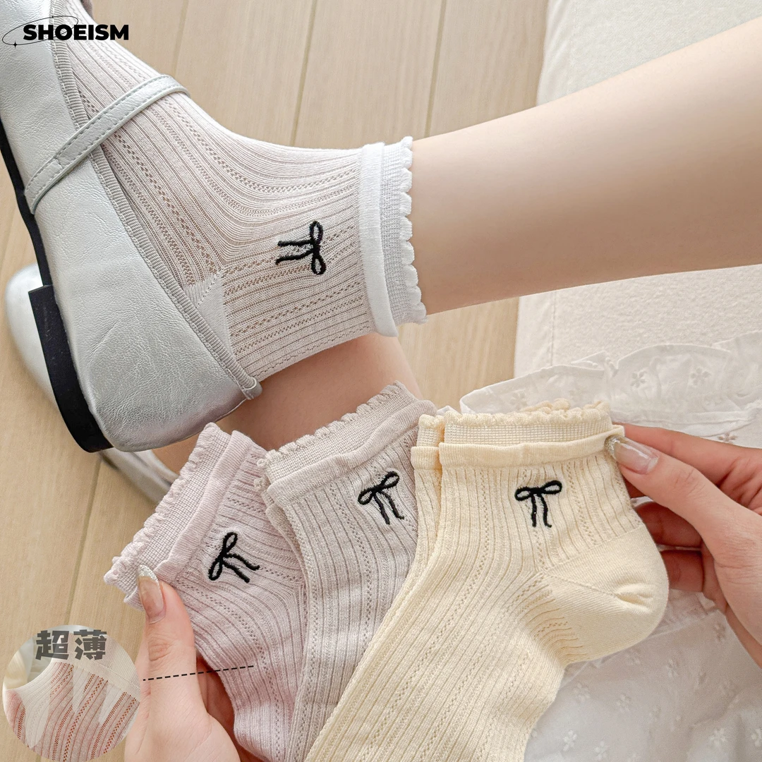 SHOEISM/伴鞋主义女透气短筒蝴蝶结芭蕾风薄款短袜中筒白色春夏韩