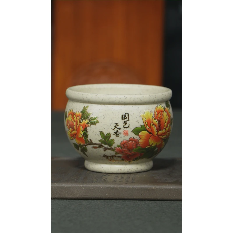 0090宜兴原矿白段手绘国色天香主人杯紫砂