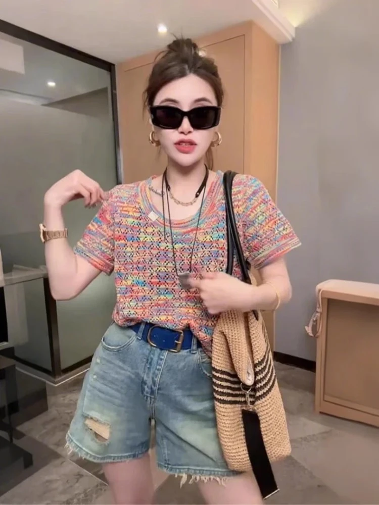 欧洲站2025年夏季新款时尚圆领花线气质百搭镂空半袖针织衫女上衣