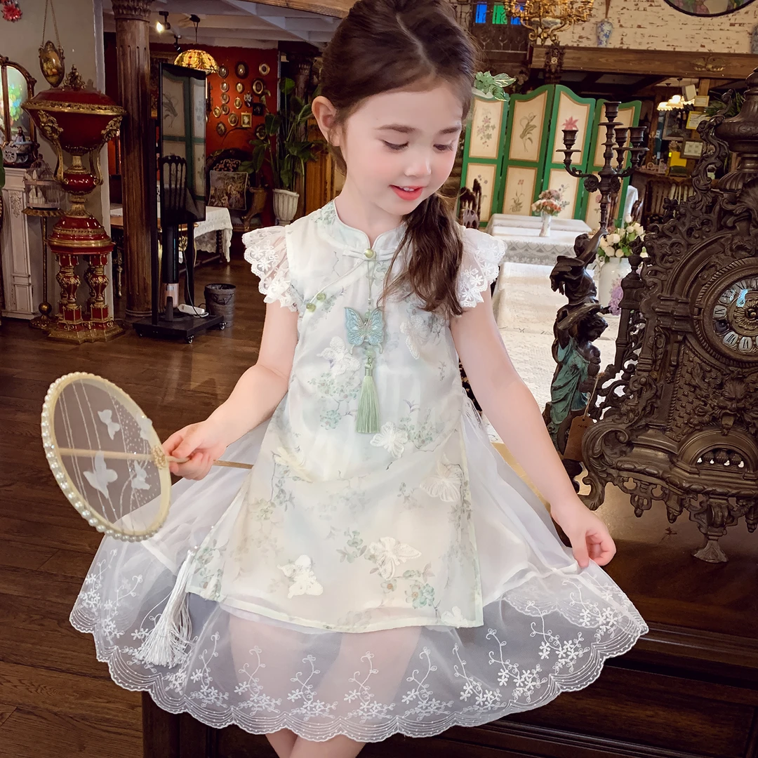 【现货】米米哈罗女童夏日新中式改良小飞袖古风旗袍裙连衣裙X25607