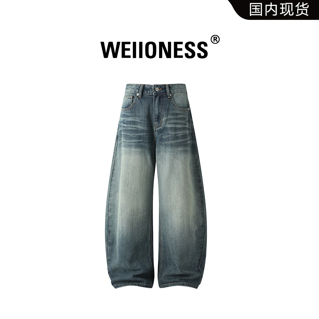 WEIIONESS美潮男装弯刀牛仔裤2025冬季新款复古水洗阔腿休闲裤男