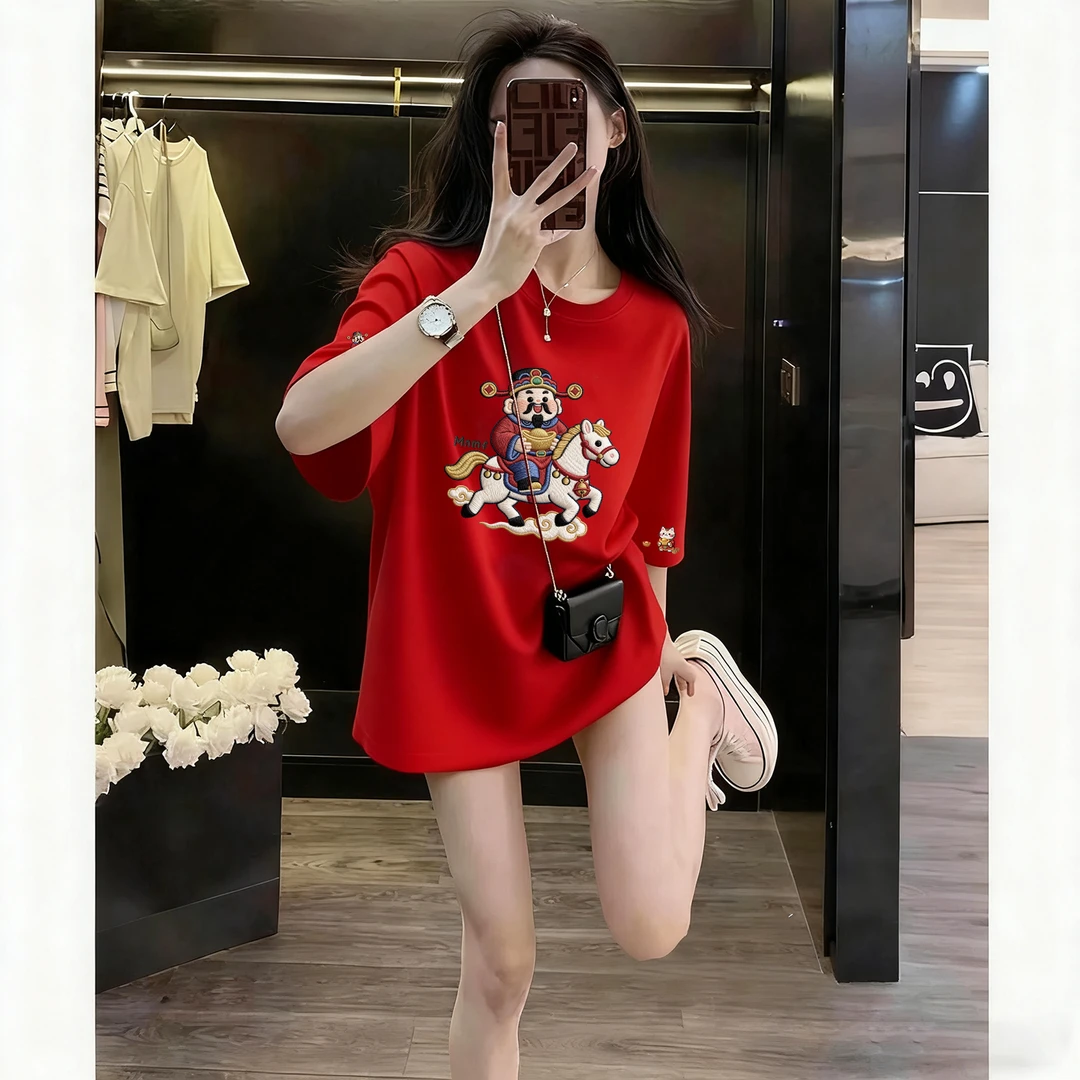 仿刺绣新春马年红色喜庆宽松纯棉百搭印花大码时尚显瘦短袖t恤衣