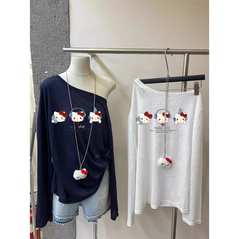 【AORSKK】新款斜肩防晒罩衫女夏季长袖t恤慵懒百搭简约厚实宽松