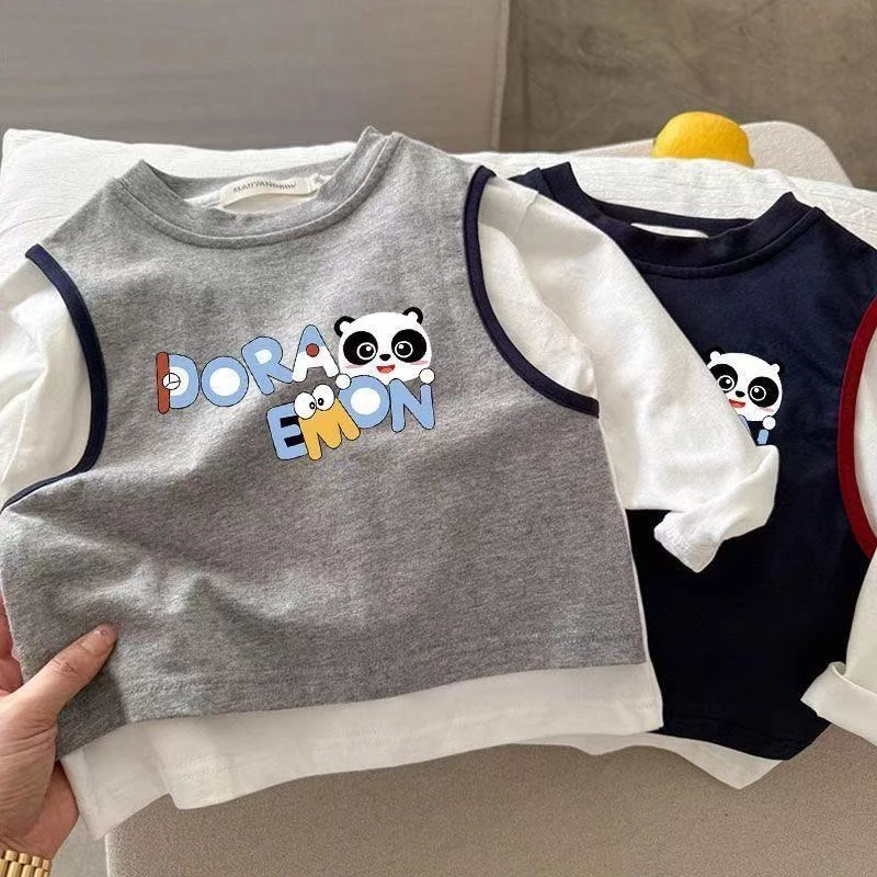 纯棉童装男童女童长袖春秋新款T恤中大童卡通图案假两件撞色上衣t