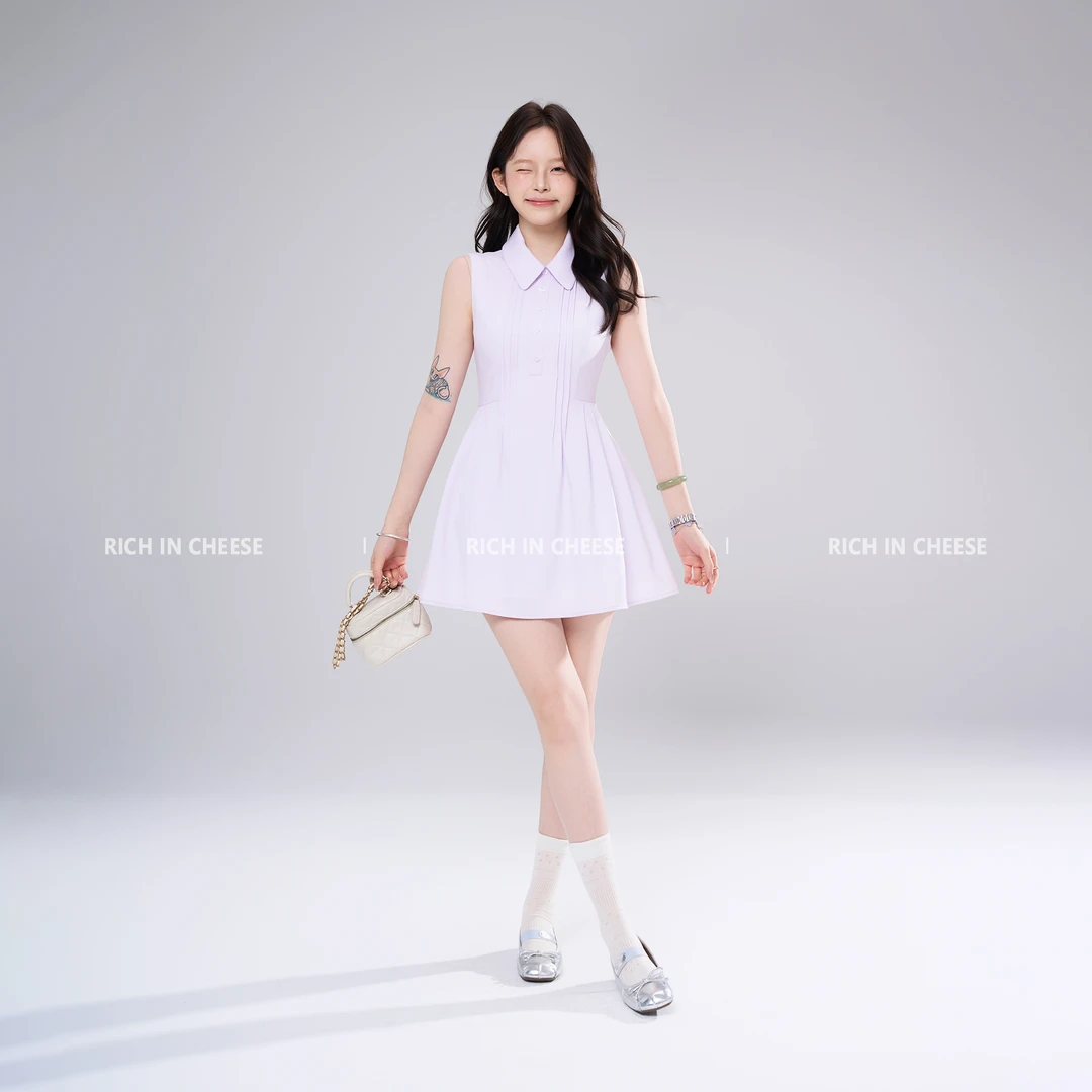 金川川 初恋情书【少量现货】 夏季法式重工显瘦气质翻领多褶连衣裙