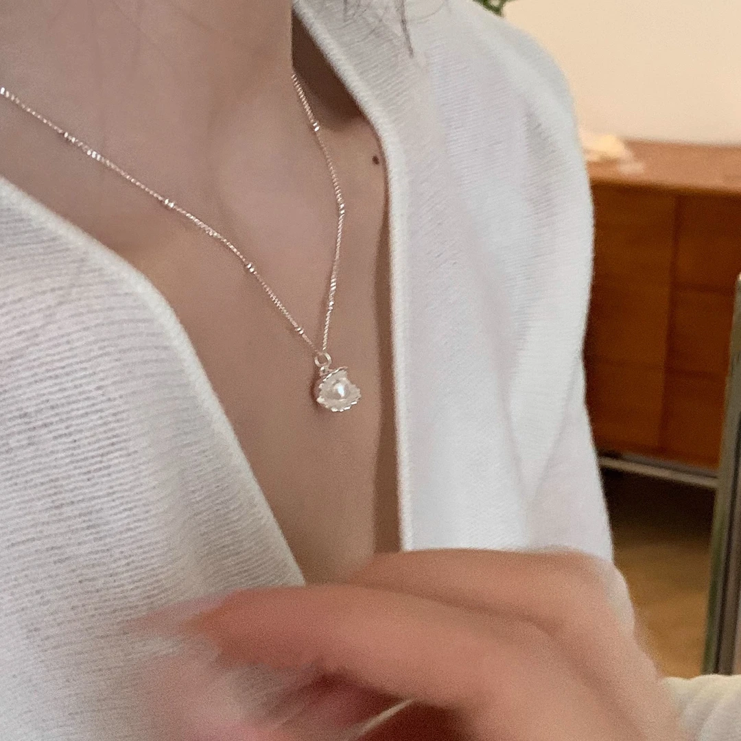 坠链均925银贝壳 韩版贝壳珍珠吊坠轻奢小众简约925银坠链项链