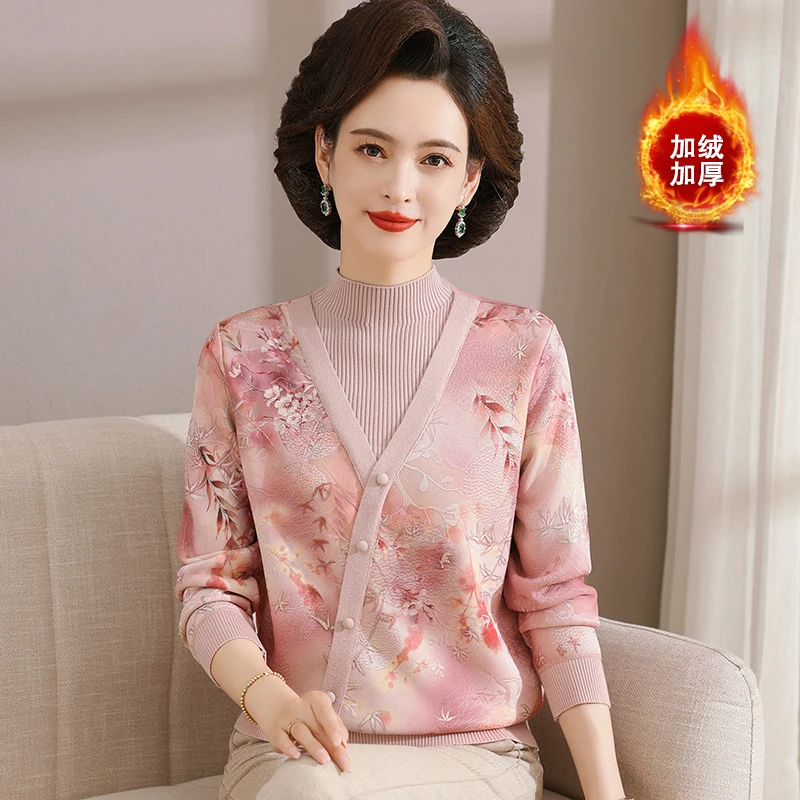 【加绒】妈妈装假两件套头洋气毛衣中老年女装冬加绒保暖半高领上衣