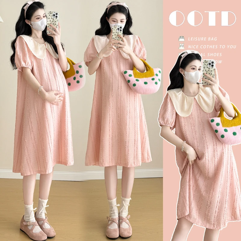 时髦孕妇装新款夏季新甜美时尚娃娃领时尚显瘦气质减龄短袖连衣裙
