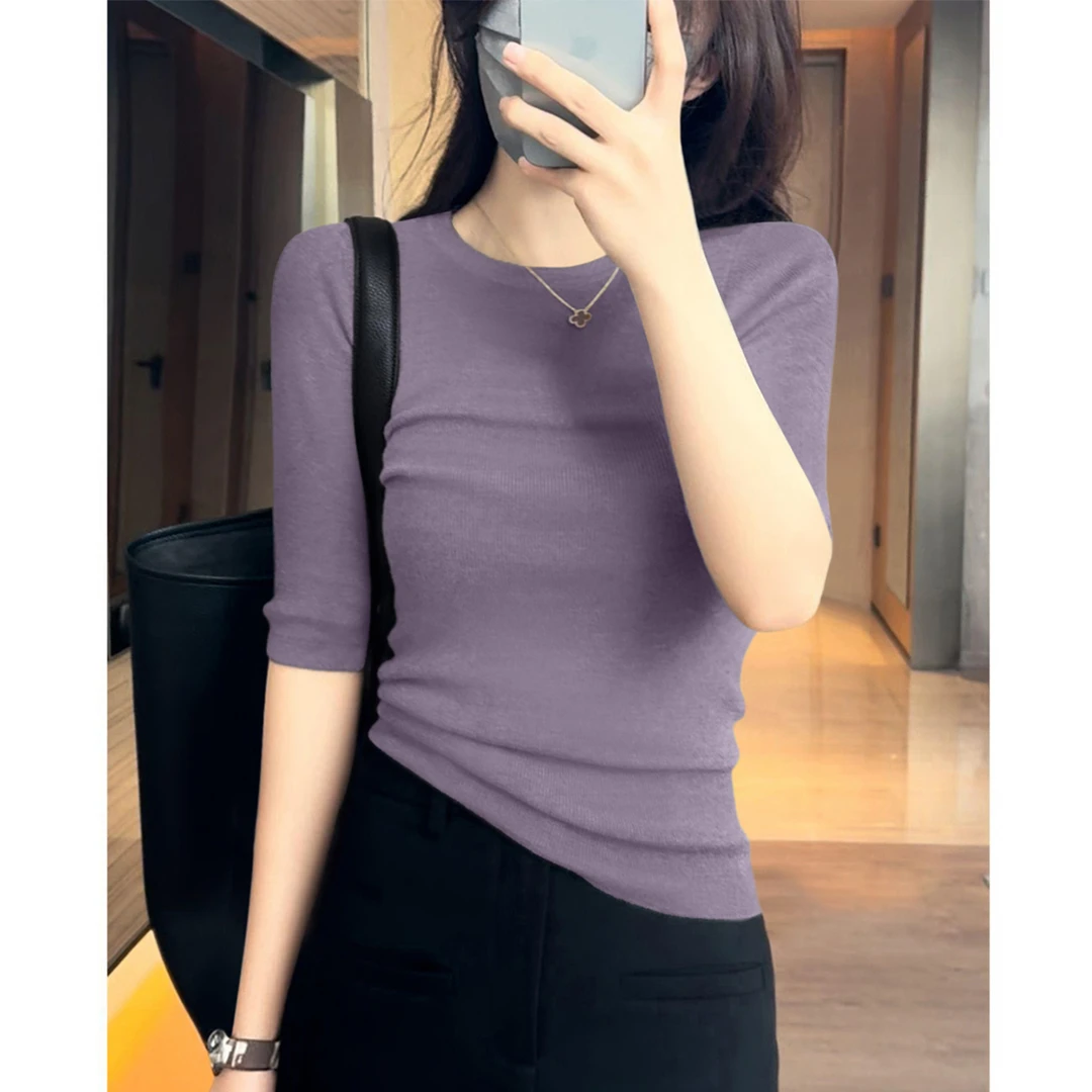 2025年百搭套头针织打底衫女装时尚早秋高级圆领气质简约中袖上衣