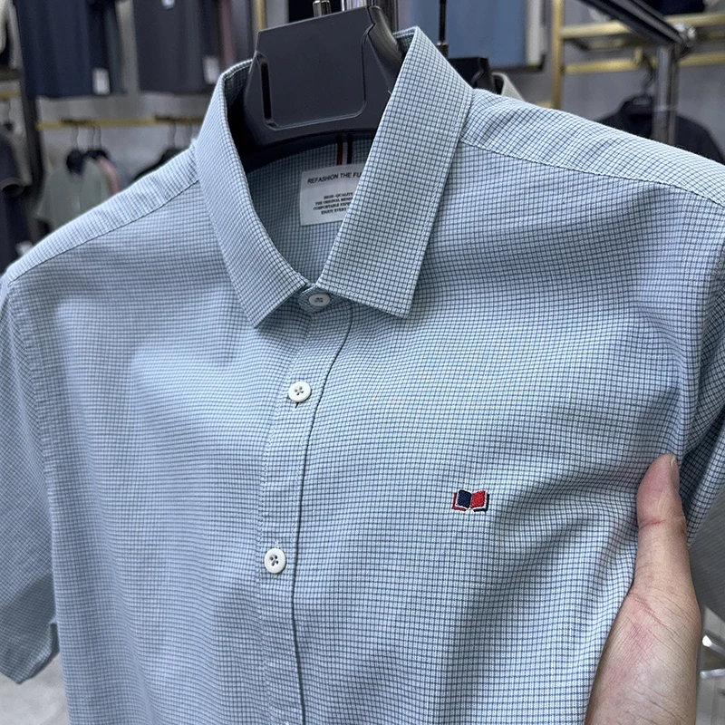 Zero Degree North高档棉麻小格子短袖衬衫男士夏季透气百搭上衣