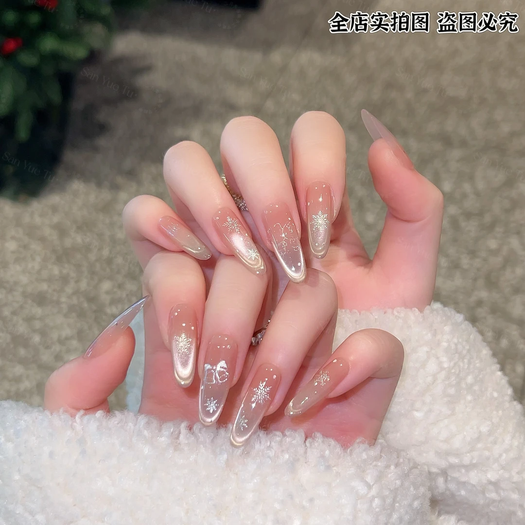 【雪花梦境】三月兔圣诞猫眼kitty猫铃铛雪花美甲雪人diy手工穿戴甲
