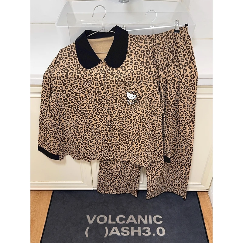 甜酷休闲睡衣女春秋季HelloKitty豹纹印花开衫长袖长裤套装松弛感