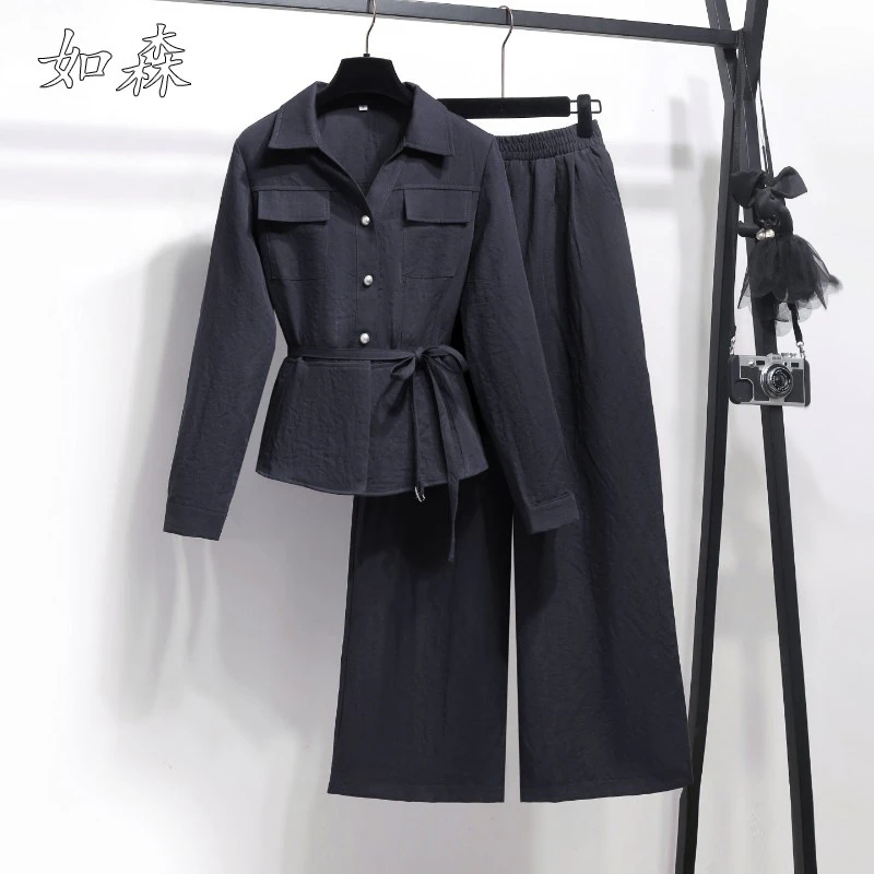 长袖衬衫套装女2025新款秋季休闲高级感职业工装收腰阔腿裤两件套