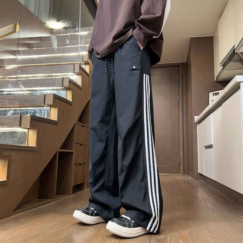 引创港风大码竖条纹防水织带休闲裤子男长裤春秋高街百搭冲锋裤男