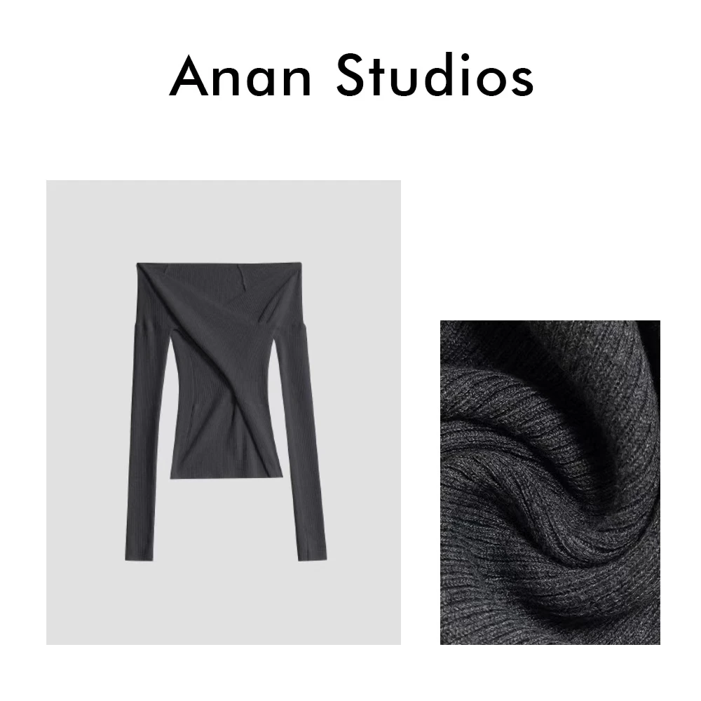 Anan Studios【雅调棱线】不规则交叉露肩V领羊毛针织上衣67618♥