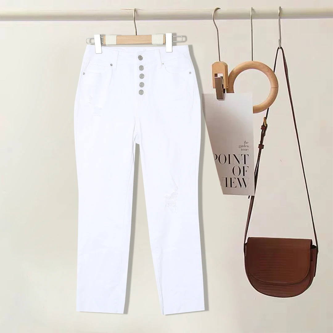 春秋女士牛仔裤百搭破洞九分裤春秋季休闲修身女P-N78(微脏 暇染)