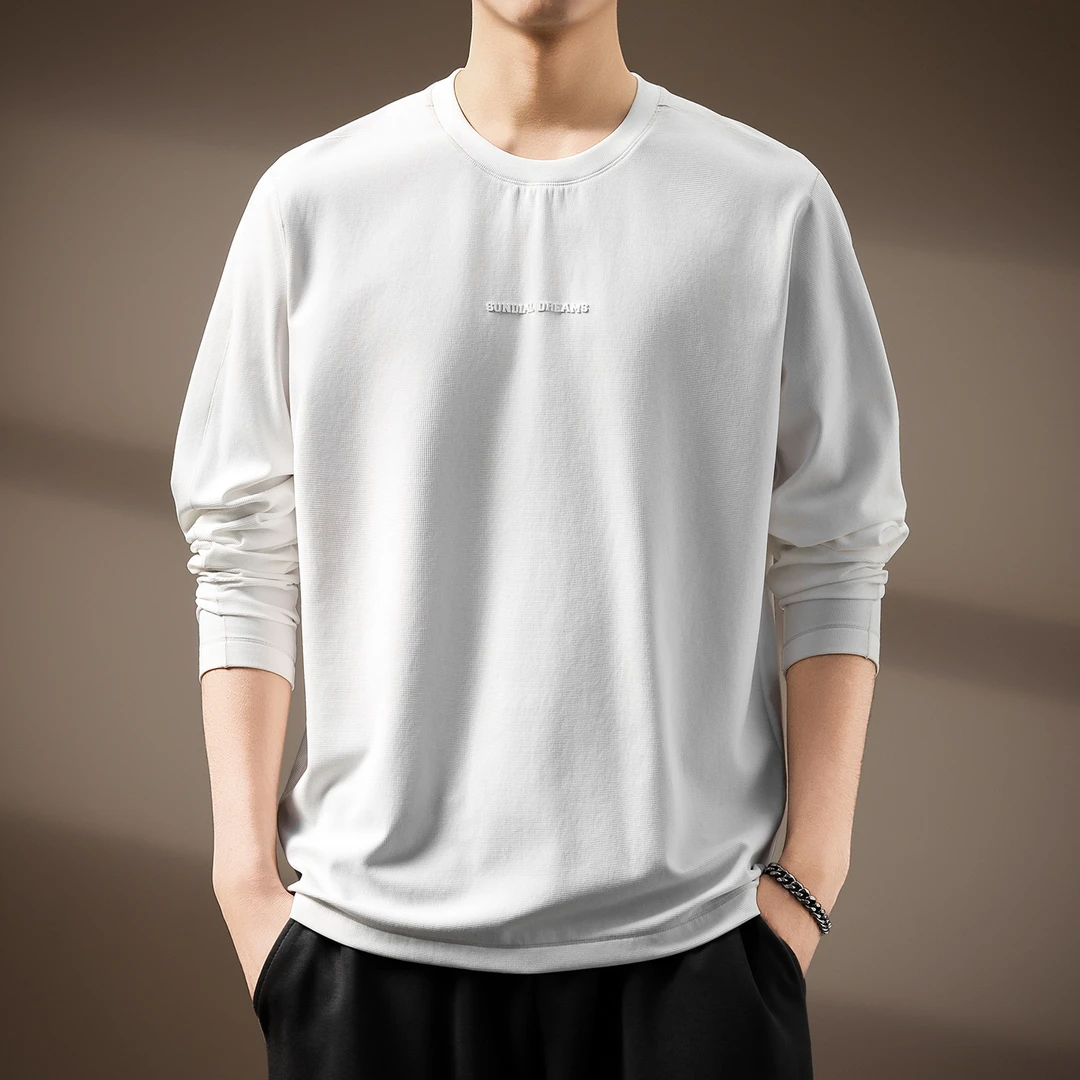 高端美式肌理感弹力舒适长袖T恤男士秋季新款宽松休闲打底衫体恤
