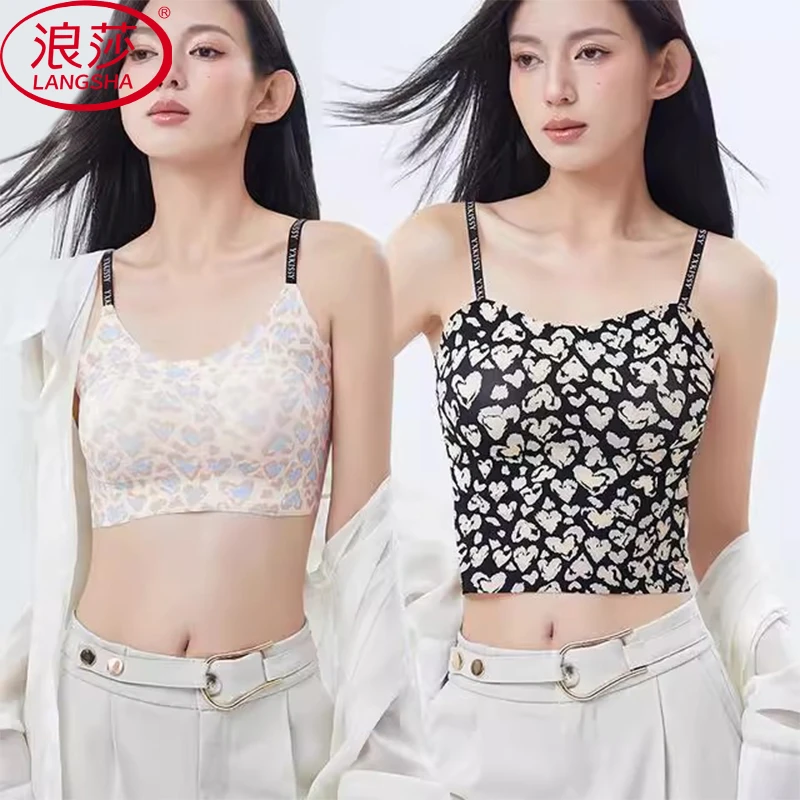 浪莎无痕内衣外穿内搭美背吊带背心女2024秋季豹纹带胸垫文胸一体