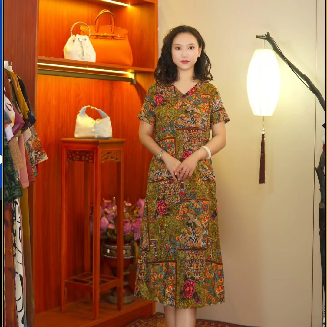 绿鹤云碧花  气质中长款夏季时尚连衣裙百搭遮肉裙子10135