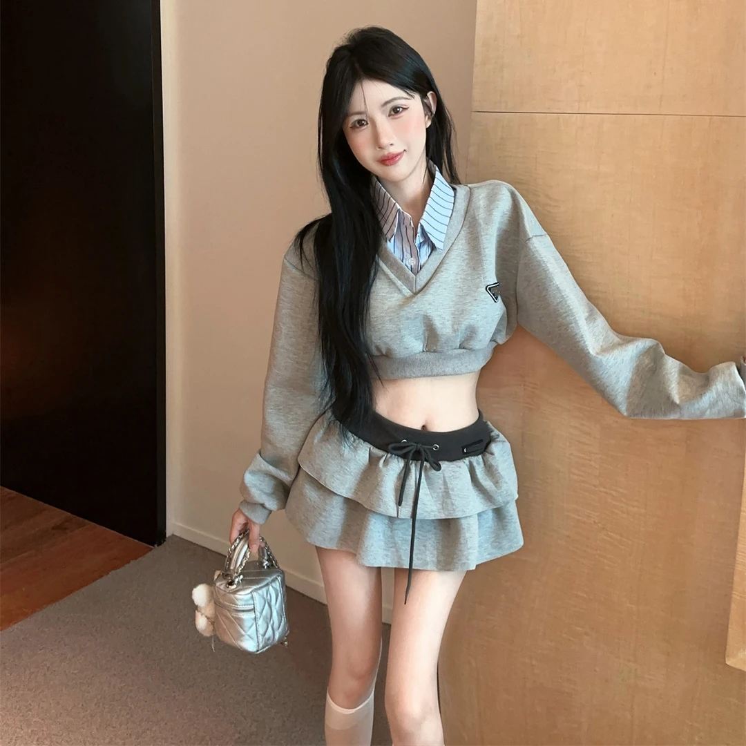 价学院风假两件拼接衬衫领短款卫衣女小个子显瘦短裙jk套装气质