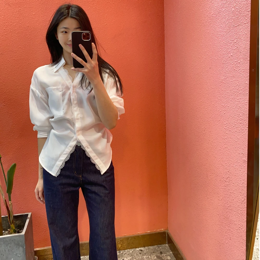 （默茗服装）蕾丝边v领白衬衫