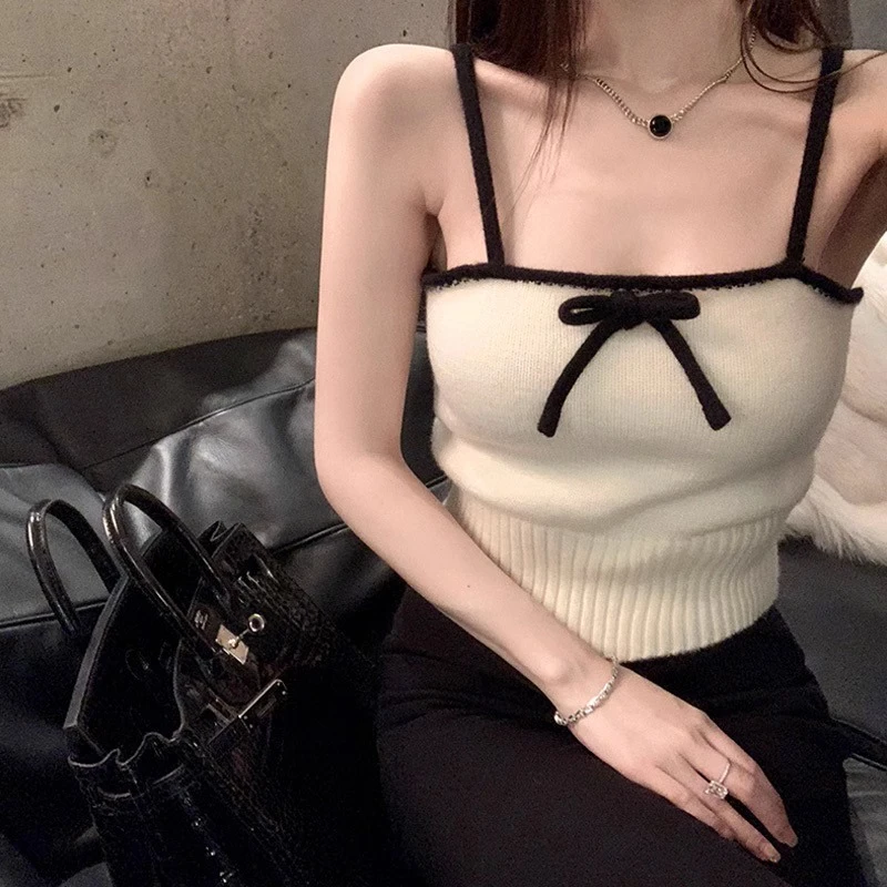 法式小吊带背心女外穿夏别致美背打底西装内搭毛绒不规则针织上衣