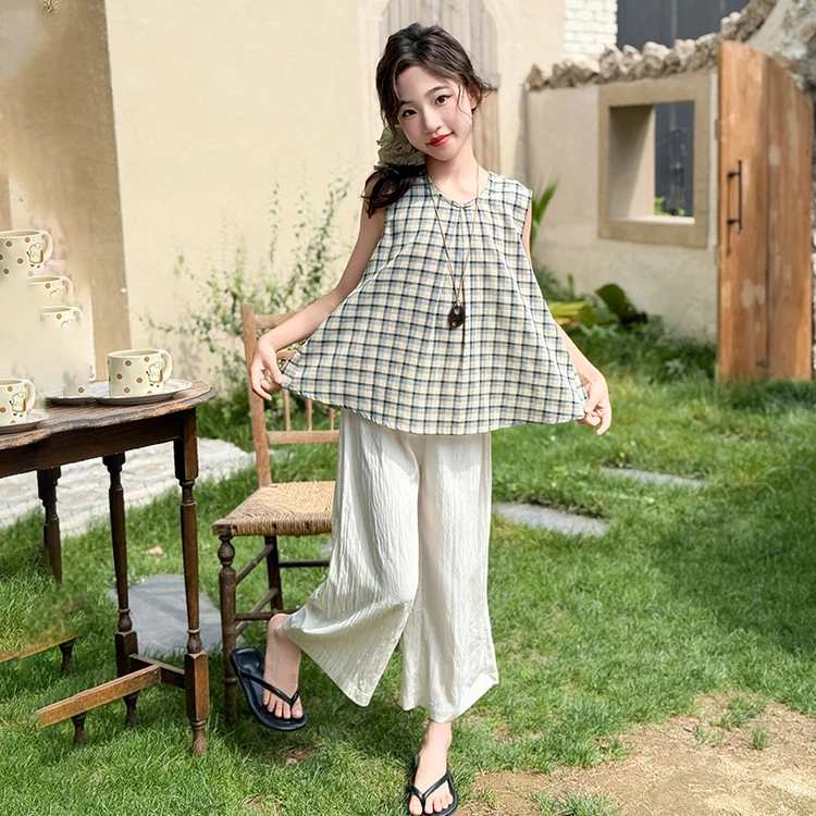 女童韩版格子休闲女孩夏季无袖儿童裤子套装2025中大童5-12岁15岁